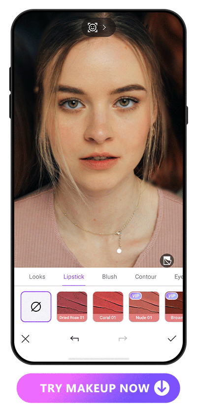 the original photo of a girl and the photo applied with makeup filters including lipstick, blush, contour and eyebrows with UI of Vivid Glam